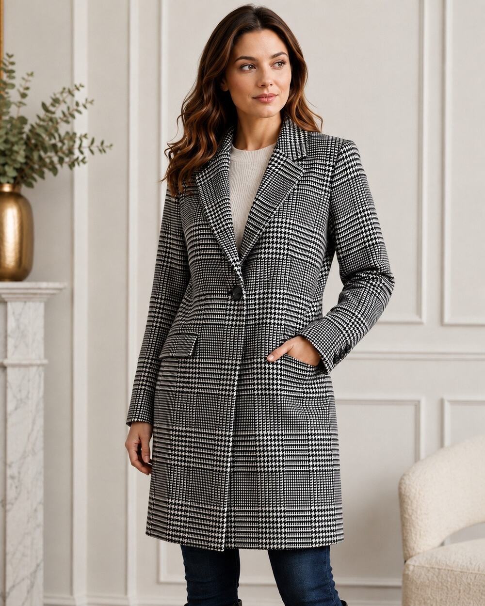 Maurices Women’s M Houndstooth Plaid Coat Black White One Button Longline